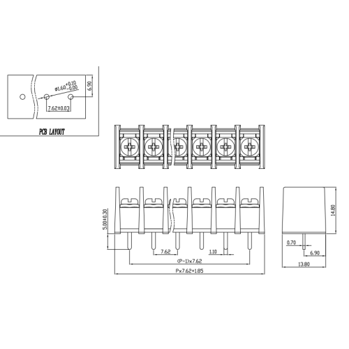 Conector de bloque de terminal PCB tipo cerca de paso de 7.62 mm